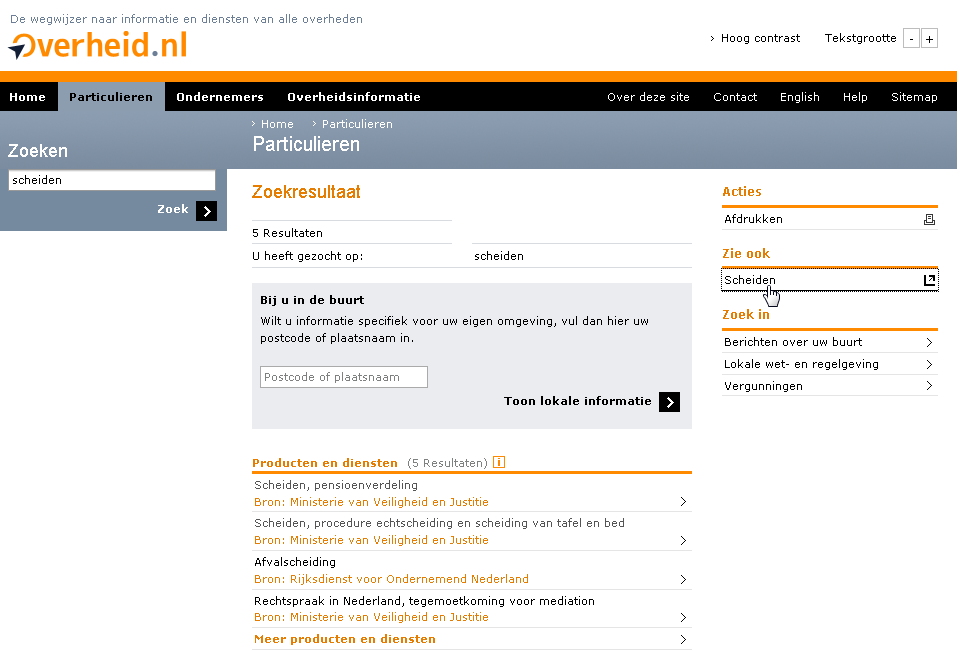 screenshot zoekresultatenpagina van de term 'scheiden' op overheid.nl